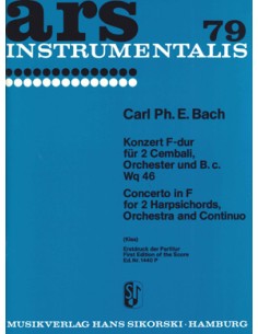 BACH C.P.E.-Concierto en Fa Mayor (WQ.46) para 2 Cembalos, Cuerdas y B.C. (Partitura)